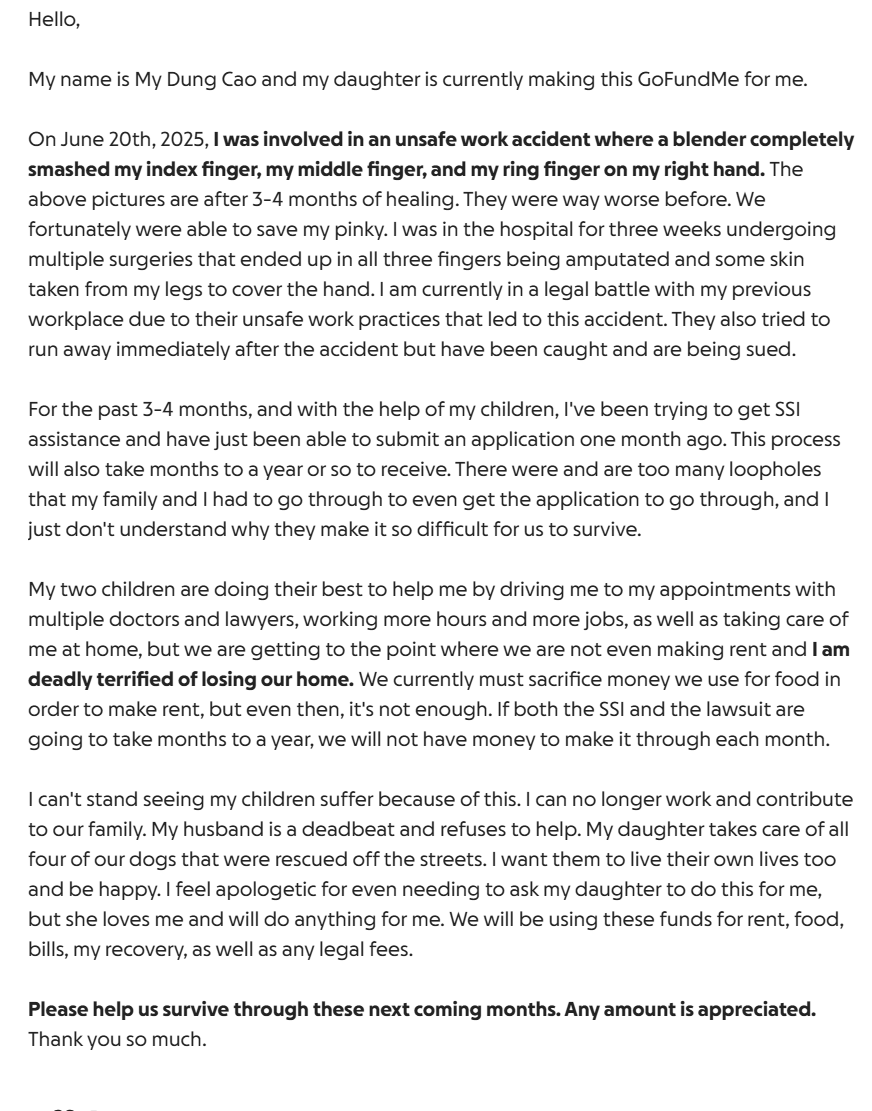 ❗️URGENT AND IMPORTANT ❗️

I should have done this a while ago, but I just didn't even have the physical energy to make a post about it. I helped my mom make an ongoing go-fund-me for the next coming months - 1 year as we wait for her SSI money and lawsuit money which will both