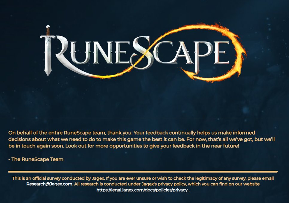 Fellow Scapers!

Don’t forget to fill out the <a href="/RuneScape/">RuneScape</a> check-in survey:
 secure.runescape.com/m=news/runesca…

It helps give the developers valuable feedback to improve the game we all love! ⚔️🧙‍♂️