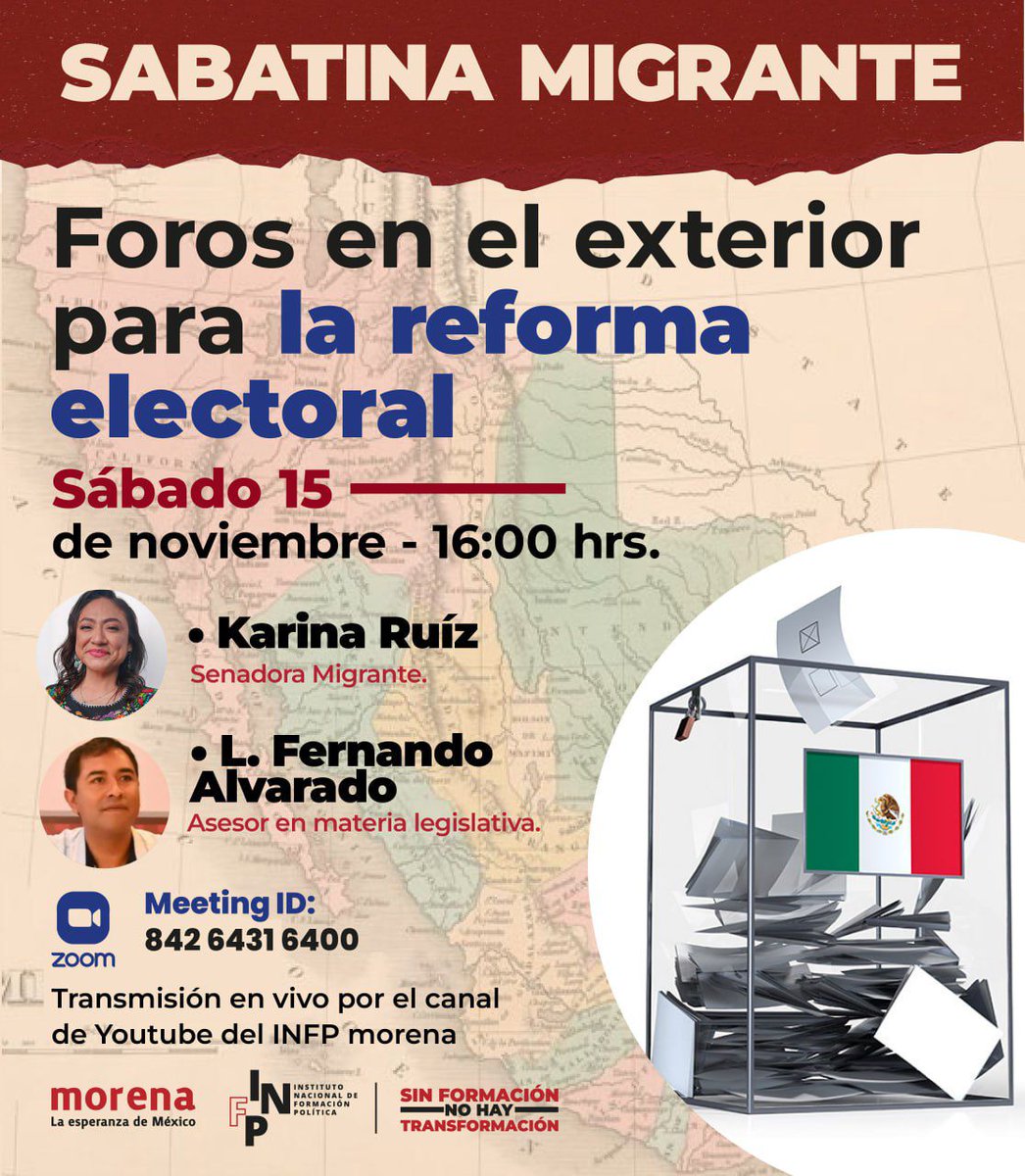 infp_int's tweet image. 🔉¡Estimadx compañerx migrante!
Si te interesa participar en los foros para la reforma electoral, pero no tienes muy claro cuándote esperamos este 15 de noviembre en la sabatina migrante! 

Nos acompañarán  la senadora @karina_migrante y  Luis Fernando.