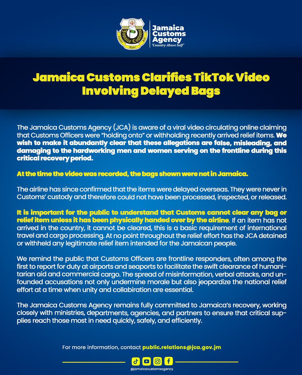 🚨#Update ✈️ 💼 

The bag fee waiver policy across various airlines heading to Jamaica has led to an increase in delayed baggage. 

The Airlines have confirmed that the collection of bags is not being delayed by the local customs officers. 

As a result, Jamaica Customs has taken