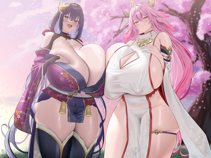 …花びらが舞い散る桜の木に手を添えて…爆乳おっぱい女将軍姉妹たちと母乳片足上げ種付け交尾…