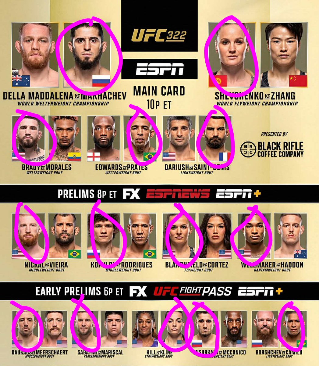 My Picks!! 🔥🔥
So pumped for this card!! 🤫
Prelims start at 6pm 
#UFC322 #MMATwitter