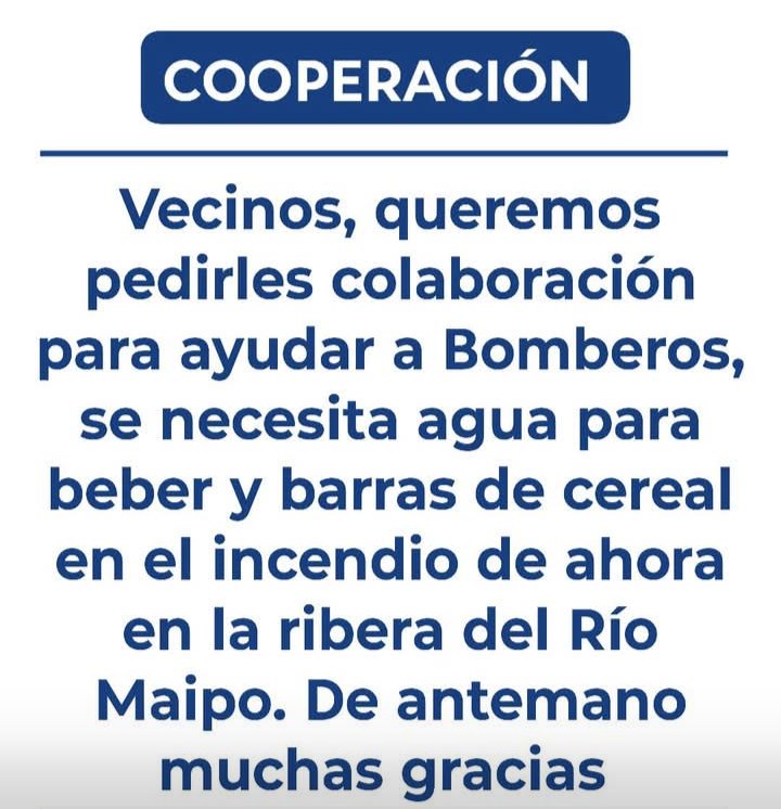 🚨⚠️#Buin VECINOS PIDEN COLABORACIÓN PARA AYUDAR A CUERPOS DE BOMBEROS QUE TRABAJAN EN INCENDIO FORESTAL EN RIO MAIPO, SE NECECITA AGUA PARA BEBER Y BARRAS DE CEREAL PARA LOS VOLUNTARIOS QUE ESTAN COMBATIENDO EL I.F.