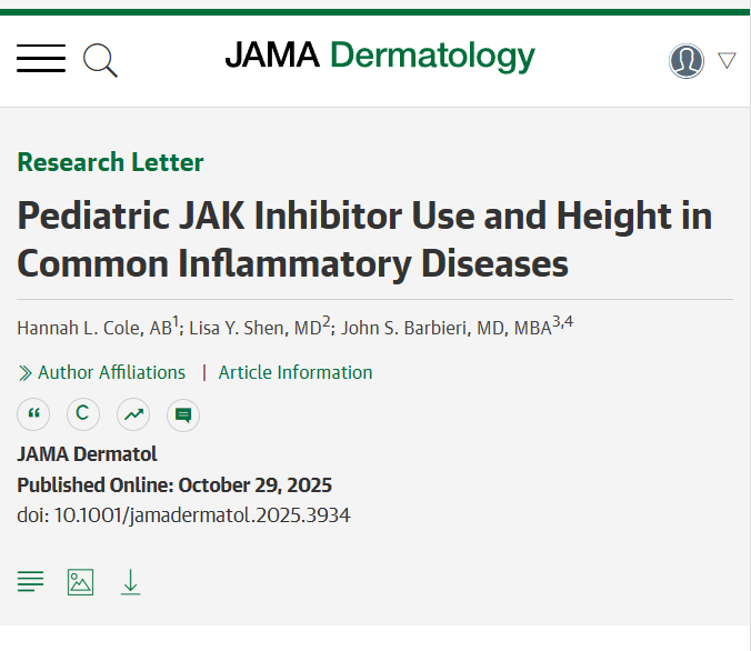 JAK inhibitor exposure was not associated with reduced height in children treated for atopic dermatitis, juvenile arthritis, or inflammatory bowel disease. 

ja.ma/44dChmP