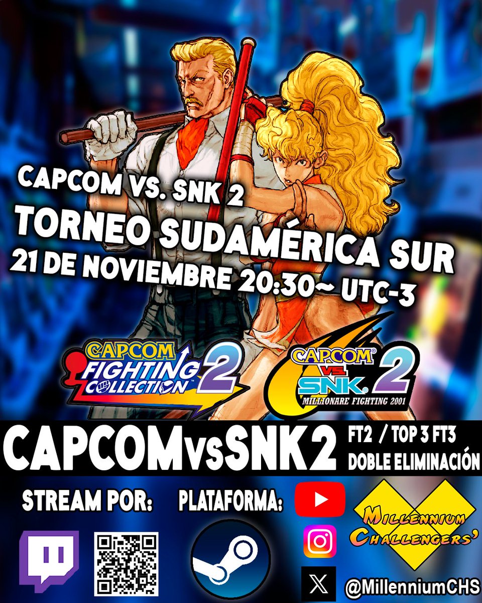 ¡Retomamos CVS2!

Torneo Millennium Challengers' #8: Capcom vs. SNK 2

Fecha y hora:  
21/11/2025 a las 8:30 p.m UTC-3    
Link de stream:  
twitch.tv/millennium_cha…   
Link de inscripción y reglas: 
challonge.com/es/knxf6vch