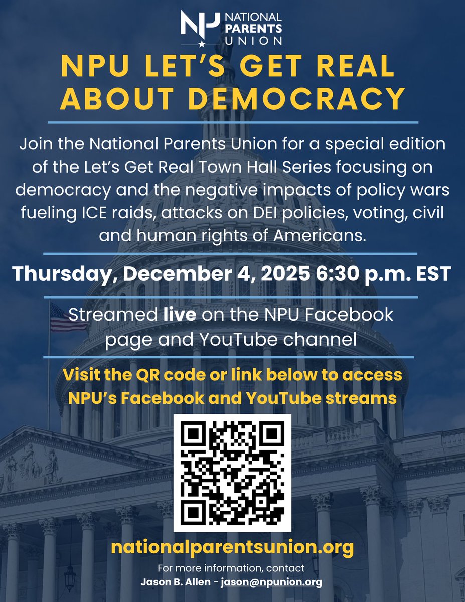 Join us Thursday, December 4th at 6:30 PM for our next Town Hall: Let’s Get Real About Democracy. Our rights, our votes, our safety — all on the line. Let’s talk about what these policies mean for families &amp; what we can do. #LetsGetReal

Register Here: tinyurl.com/mr2vynr9