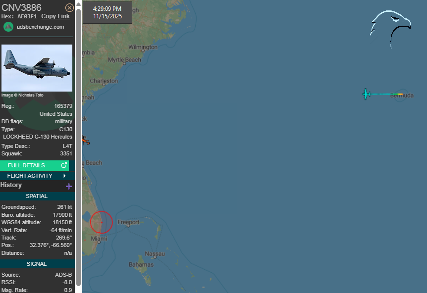 FlconEYES's tweet photo. 165379 #USNavy
Lockheed C-130T Hercules (L-382)
From #Bermudas departed. |https://t.co/cekjieUlLQ
#AvGeek #ADSB #planespotting #15Nov https://t.co/uBl3nme9ic