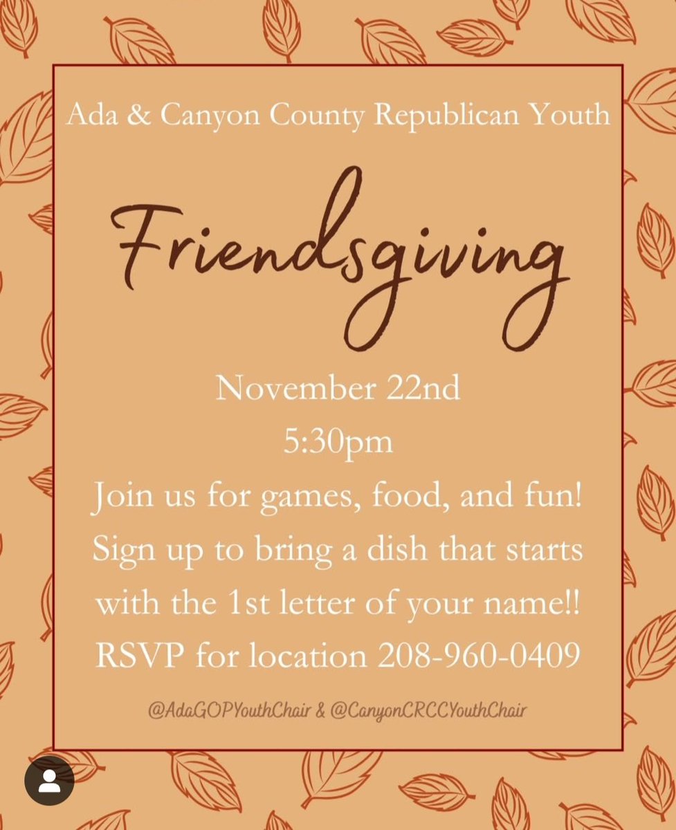 IdahoYRs's tweet photo. Two events this week being hosted by @AdaGOPYouth/ CCRCC Youth Chair Alexis and our @TPUSA friends at University of Idaho-Boise.
#idgop #IDYR #youngrepublicans #Idaho #GOP #MAGA #KeepIdahoRed #yrnf #yrslead #yrselect #youngrepublicans #idahoyoungrepublicans #tpusa #turningpoint #turningpointusa #friendsgiving