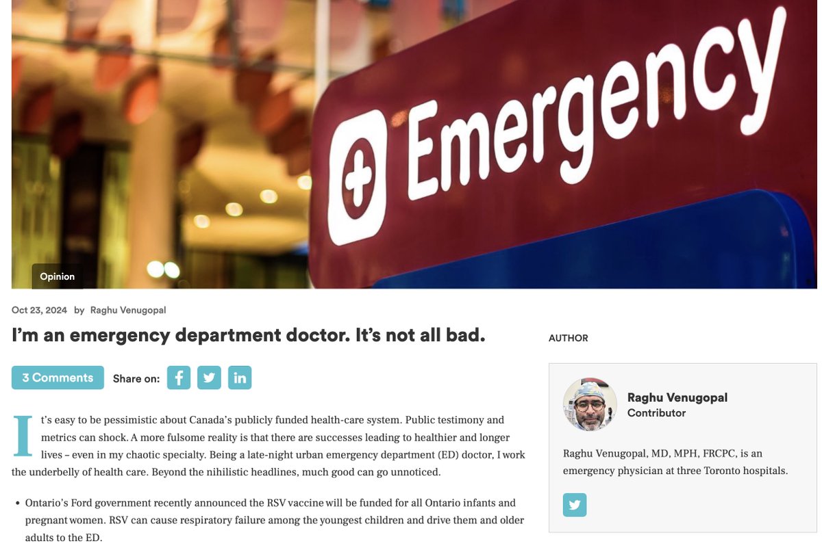 raghu_venugopal's tweet image. As a late-night urban ER doc I see the worst of everything. But I'll never say that it's all bad. Every shift I see compassion, expertise and productivity. 

Canada's publicly funded healthcare can be better, we won't stop trying, but we do much good. 

healthydebate.ca/2024/10/topic/…