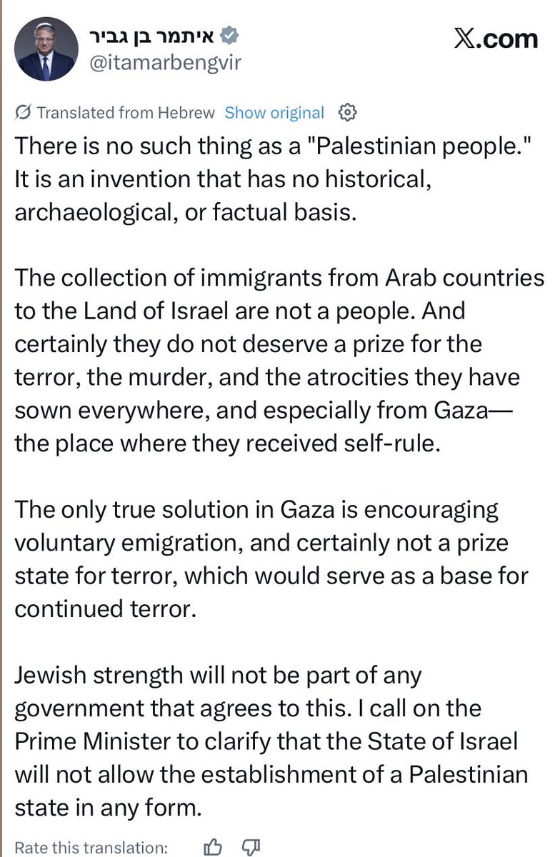 Ultra-nationalist minister Itamar Ben Gvir posts this just as Israel is reportedly pushing Trump to sell F-35s to Saudi Arabia only on the condition that Saudi Arabia normalize relations with Israel.

Saudi Arabia has repeatedly made it clear that it will only do so if Netanyahu