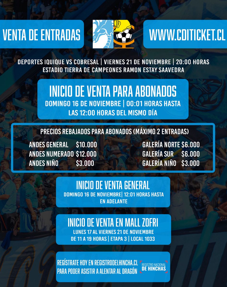 ClubDIquique's tweet image. 🎟 ¡Venta de entradas para el partido ante Cobresal!

El próximo viernes volvemos a casa y a medianoche comenzará la venta de entradas para que asegures tu lugar en el Tierra de Campeones.

Preventa exclusiva para abonados:

⏰ Desde 00:01 hrs de esta noche hasta las 12:00 horas.…