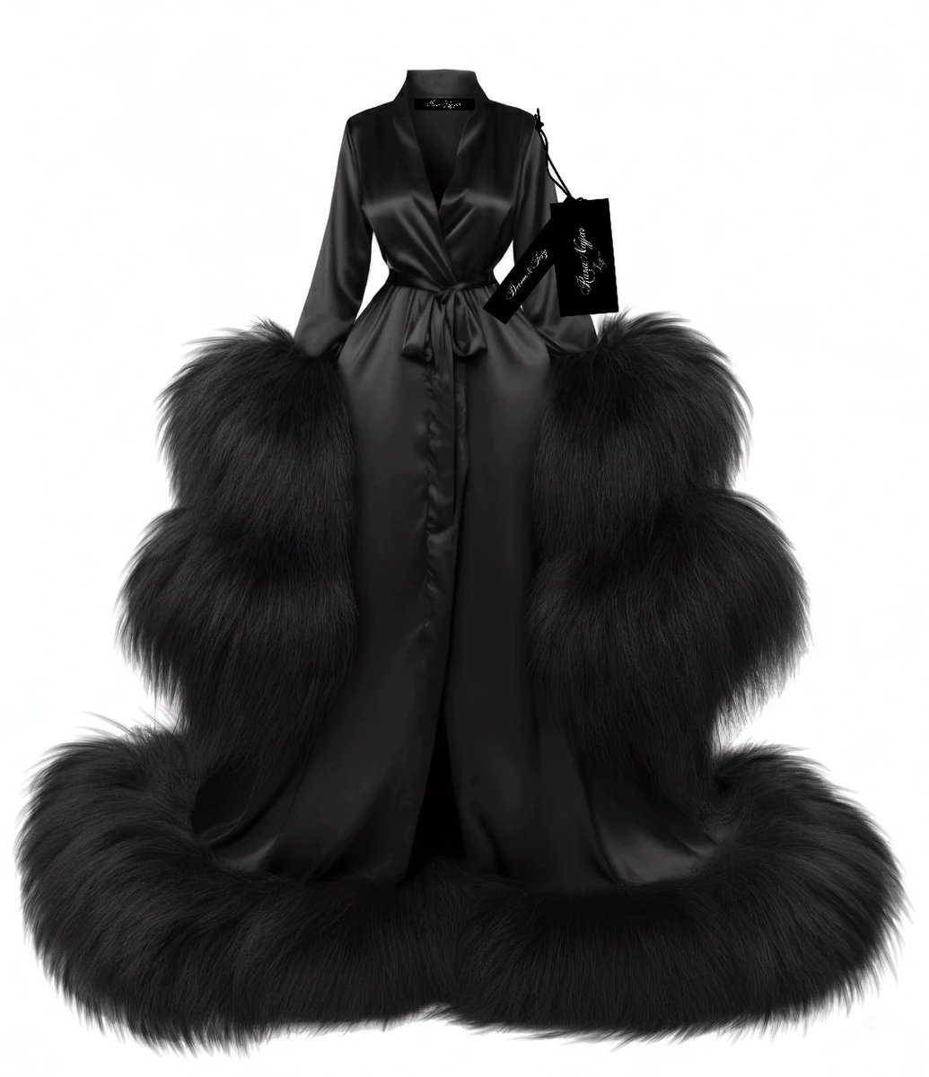Black silky robe with fur