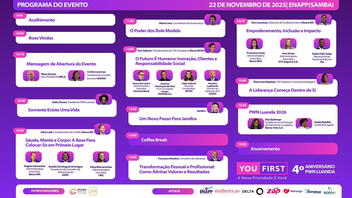 PWNLuanda's tweet image. ✨ Save the Date | 22 de Novembro de 2025 ✨

Sob o tema &quot;YOU FIRST – A Nova Prioridade é Você&quot;, este será um momento de partilha, inspiração e fortalecimento de networking.

Inscrições: pwnluanda.net/evento-anual/

#PWNLuanda #Liderança #Empoderamento #Networking #YouFirst #Luanda