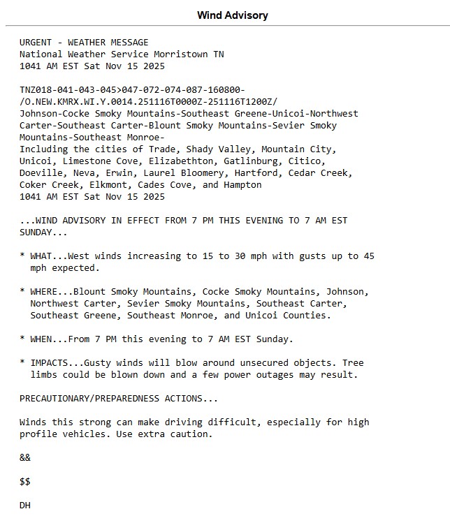 Local3Weather's tweet image. There are WIND ADVISORIES in place for the Smokies starting at 7:00 PM EST and lasting until 7:00 AM Sunday. Follow @AudreyLocal3 for more updates.