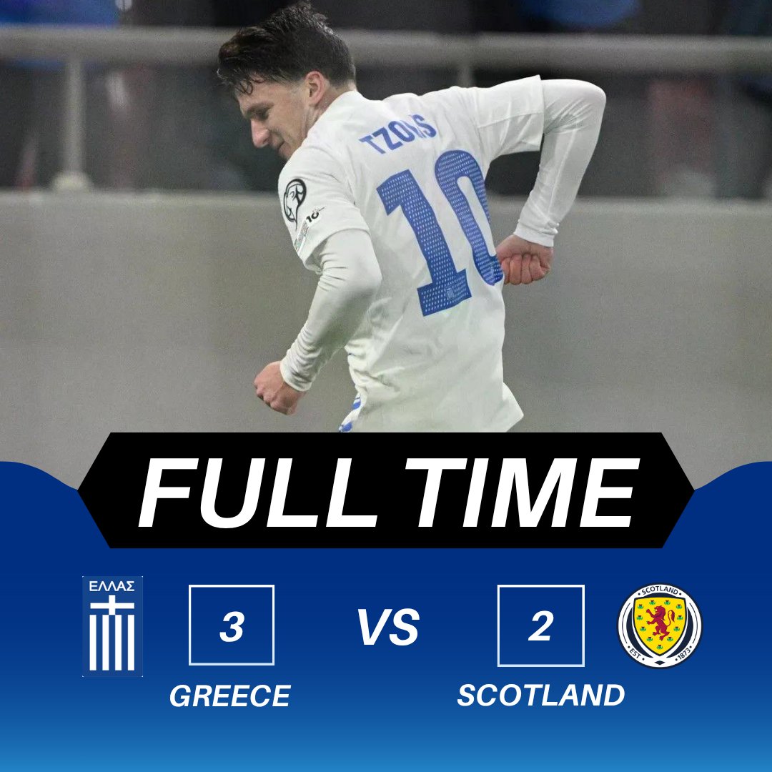 FT: Greece 3-2 Scotland.

A truly bonkers game ends with the ten-men Ethniki claiming the three points at home to Scotland.

#GRESCO