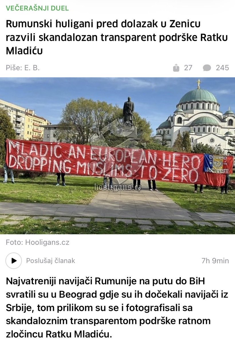 JasminMuj's tweet image. AM: Romanian far-right ultras pose in Belgrade with a banner celebrating the convicted genocidaire Ratko Mladic and the Srebrenica Genocide. 

PM: Bosnia and Herzegovina eliminates Romania 3-1 in World Cup qualifying.