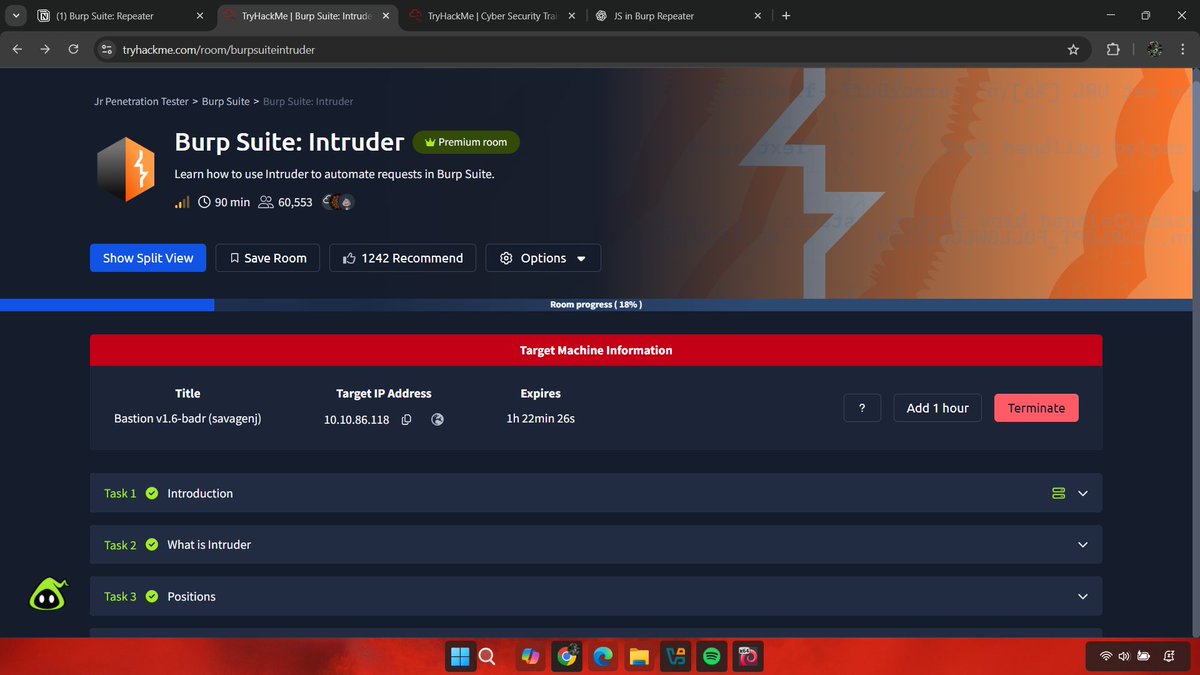 Becoming a Security Researcher with <a href="/4osp3l/">Gospel</a> as my mentor — Day 31

- Finished the Burp Suite: Repeater room on TryHackMe and moved on to Burp Suite: Intruder.

- Spent most of the day listening to Darknet Diaries episodes to sharpen my mindset.