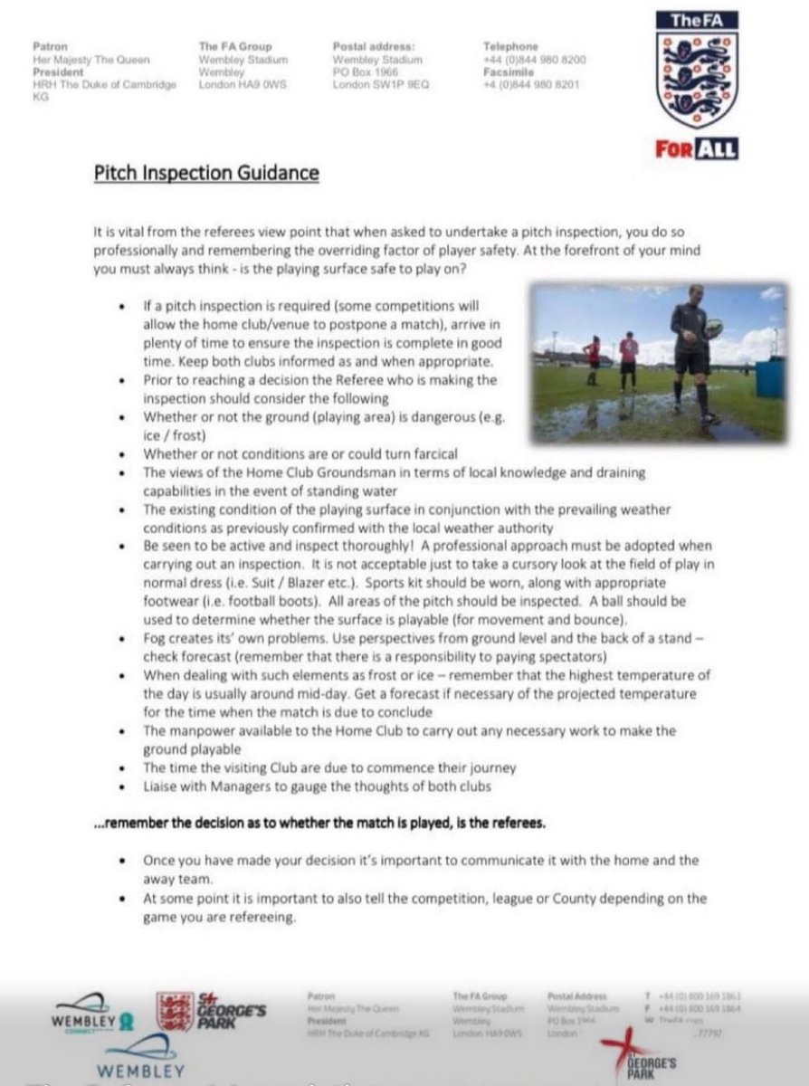 For those looking for pitch inspection guidance during this unpredictable weather. 

#PitchInspection #Football #Referee 
#Rain #Fog #Ice