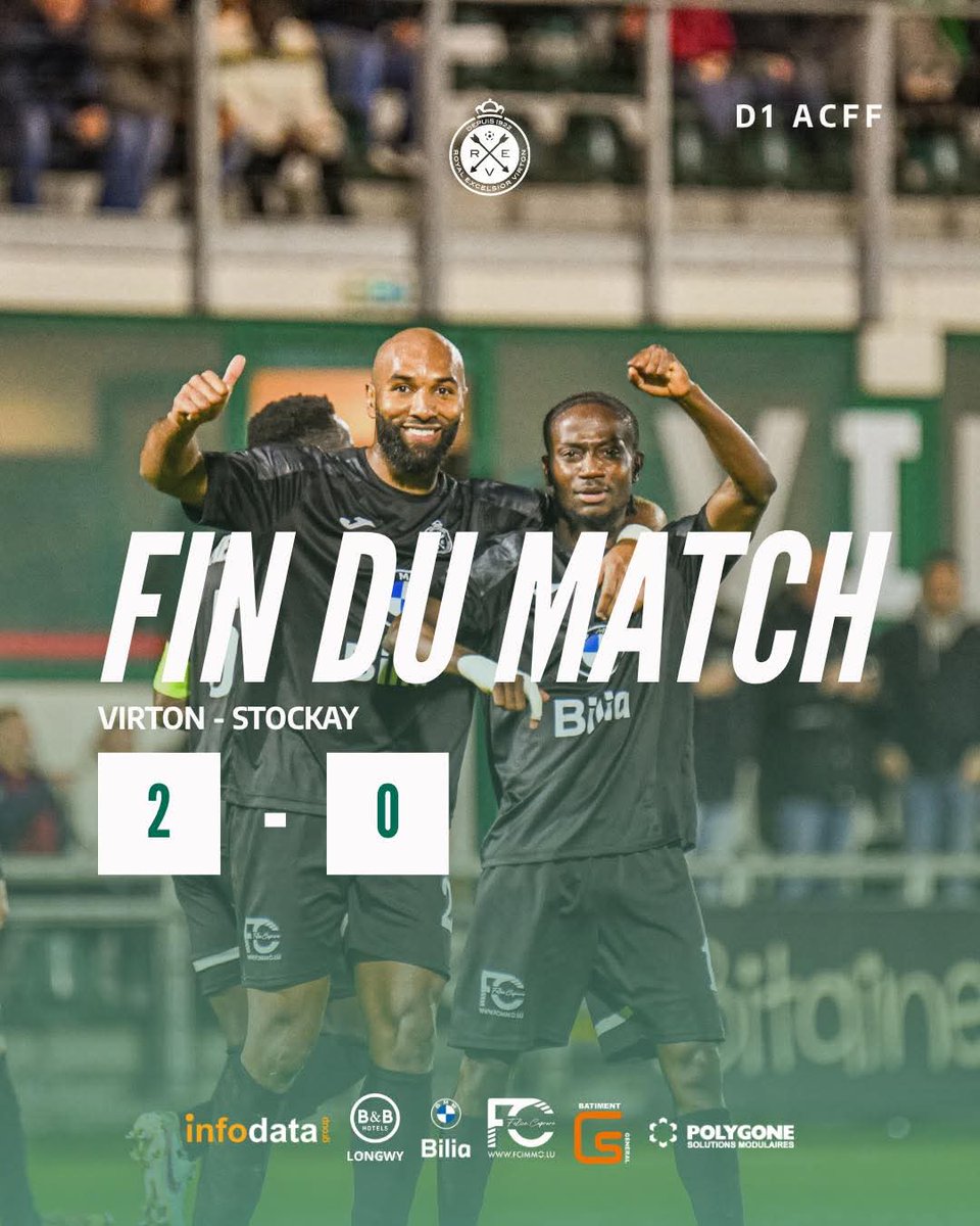 excelsiorvirton's tweet photo. [D1 ACFF]

Victoire de l’Excelsior face à Stockay !
Virton enchaîne et réalise un 9/9 !

Score final : 2-0

📋 Buteurs virtonais :
16’ DE ALMEIDA (1-0)
64’ LAKHAMY (2-0)

Nos Verts poursuivent leur belle série et restent lancés vers l’avant.

#REV #Virton #D1ACFF #Victoire #9sur9 https://t.co/RqxVHiUf2q