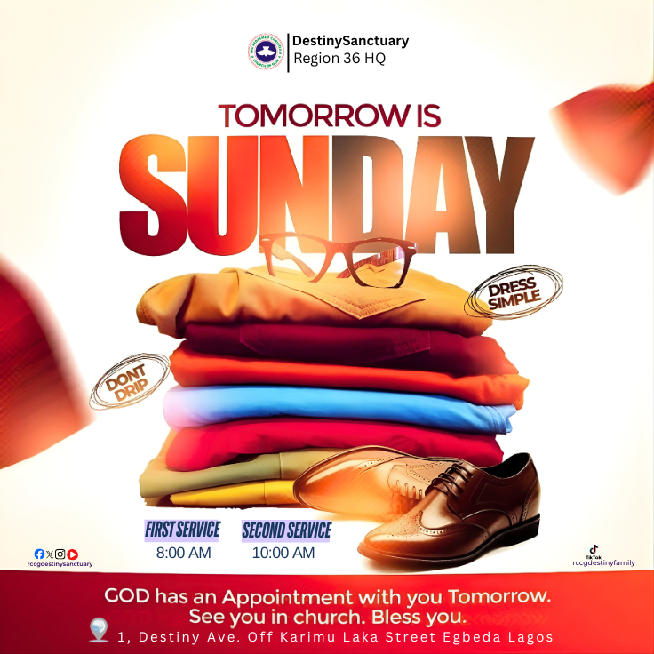 rccgdestiny's tweet image. Tomorrow is Sunday! We have two power-packed services.
Don’t stay at home — join us at RCCG Destiny Sanctuary!
📷 1, Destiny Avenue, Off Karimu Laka Street, Egbeda, Lagos
📷 First Service : 8:00 AM
📷 Second Service: 10:00 AM
#RCCGDestinySanctuary #SeeYouInChurch #Don’tStayAtHome