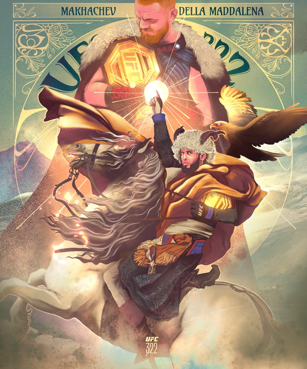 art_damle's tweet photo. My art nouveau inspired @ufc #ufc322 poster. 

Two monumental battles. Four generational talents. One night built on legacy and defiance.

  @MAKHACHEVMMA @danawhite @AliAbdelaziz00 @UFCEurope https://t.co/3bC1KuLF2J