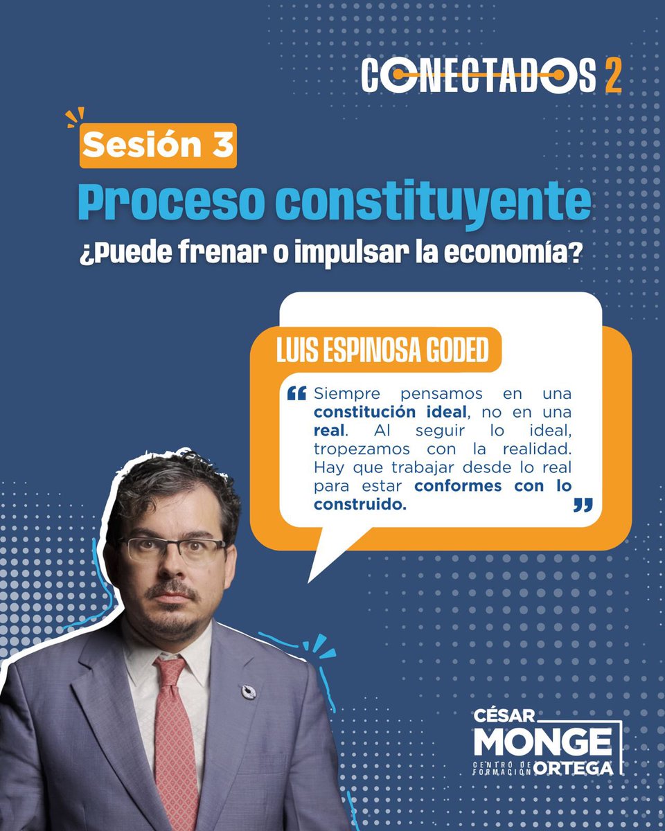 CFCesarMonge21's tweet image. ¿Un nuevo proceso constitucional puede impulsar o frenar el desarrollo del país?

En la Sesión 3 de #Conectados @luisesgo, habló que escribir una Constitución debe partir de lo posible y no de lo ideal. Ninguna es perfecta, pero siempre puede mejorarse y ajustarse a la realidad.