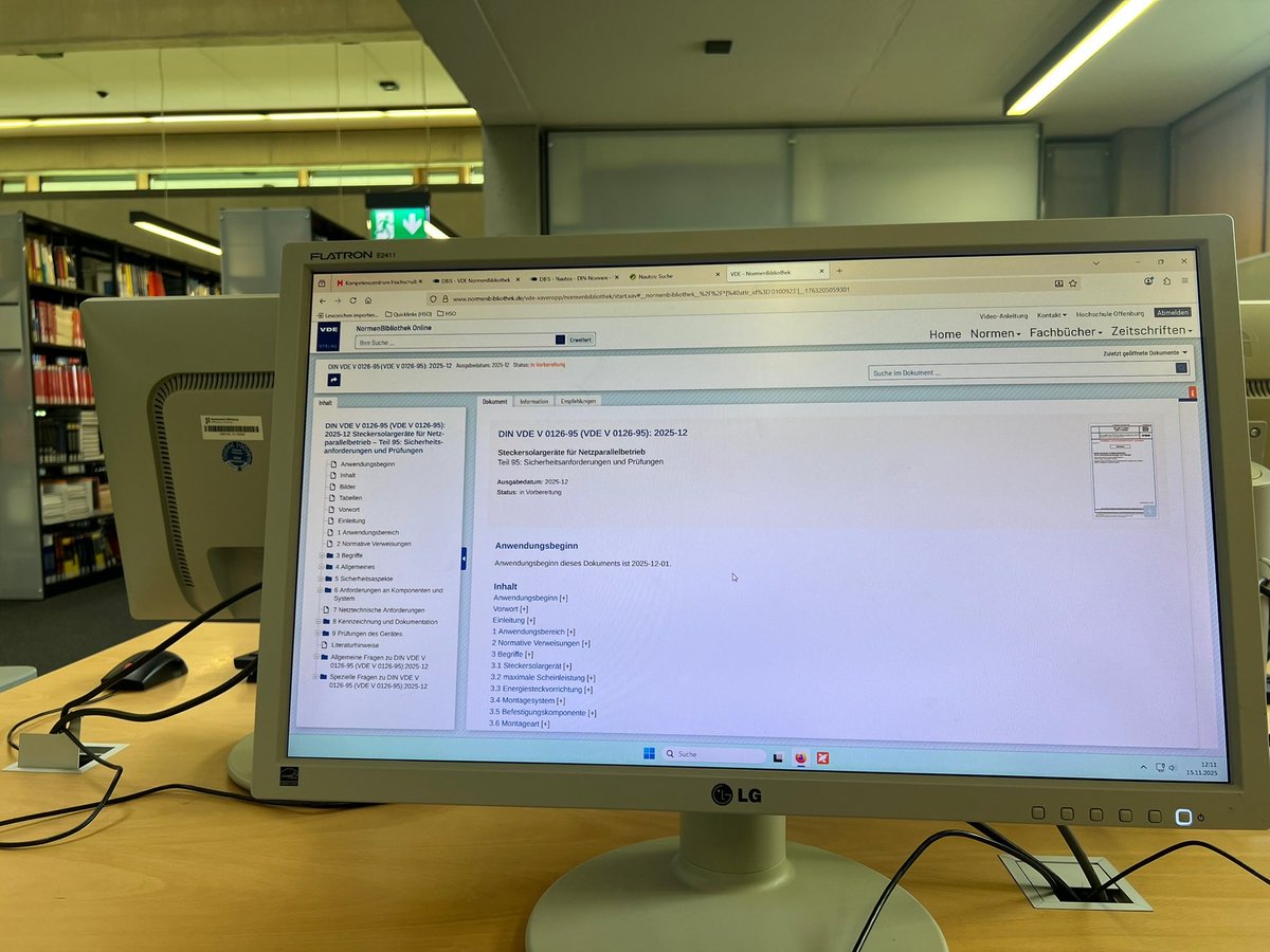 Dank einer freundlichen Bibliothekarin der Hochschule #Offenburg, konnten wir heute morgen die neue #Steckersolar Norm lesen und haben den Artikel auf unserer Website überarbeitet: balkon.solar/news/2025/11/1…
