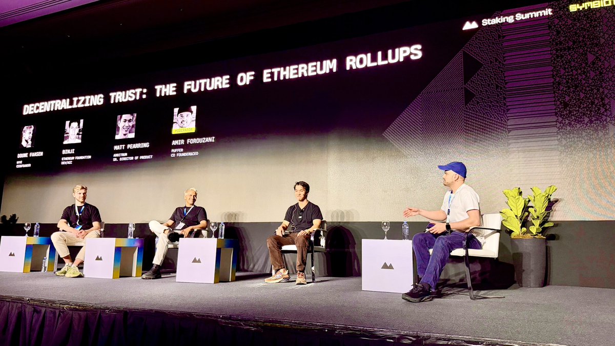 Huge turnout for today’s rollup panel at <a href="/StakingSummit/">Staking Summit – Cannes 🇫🇷</a> BA!
<a href="/AmirOnchain/">amiru.eth 🕶️🐡🦇🔊</a> led the discussion as moderator, bringing together voices from <a href="/ethereumfndn/">Ethereum Foundation</a> <a href="/arbitrum/">Arbitrum</a> and <a href="/HyveXYZ/">Hyve</a> to unpack how Ethereum rollups move toward a trust-minimized, decentralized future.
Momentum is strong.