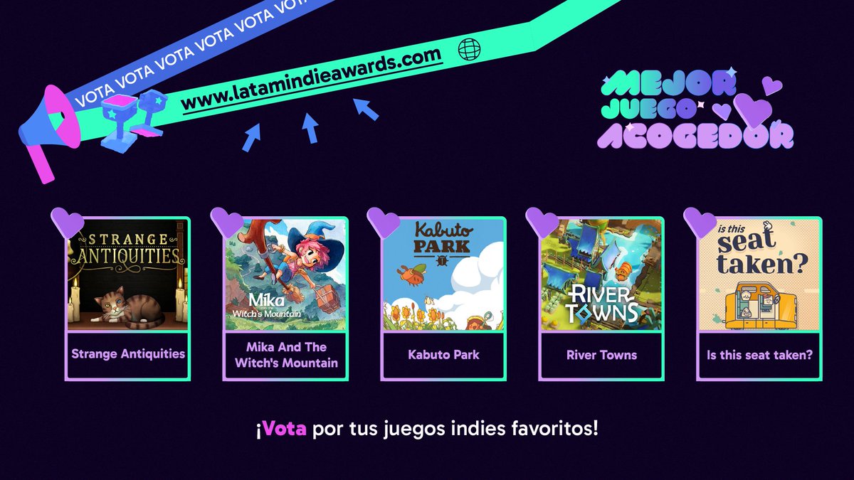 IndieAwards_'s tweet image. Les presentamos a los nominados a los Latam Indie Awards 2025 en la categoría Juego Acogedor 💖
Ya pueden ingresar a nuestra web y votar !
#LIA2025