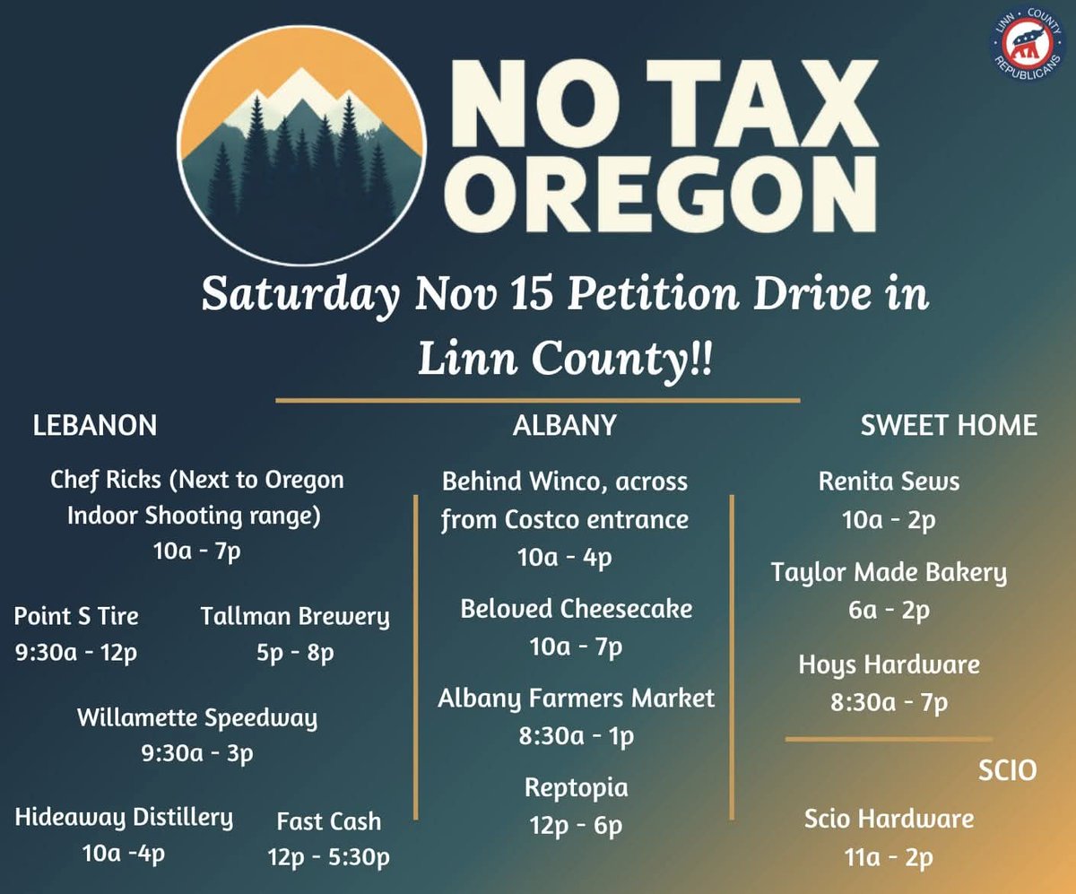 LinnGop's tweet photo. Heads Up Linn County! Come sign the referendum petition to put Tina's Transportation Tax where it belongs, in front of voters. Follow us for updates. Volunteer at https://t.co/Pd3yJJ855y or with Linn GOP at https://t.co/cQ5cAfBBqR.
#orpol #Oregon #oregondeservesbetter #NoTaxOR #TinasTransportationTax