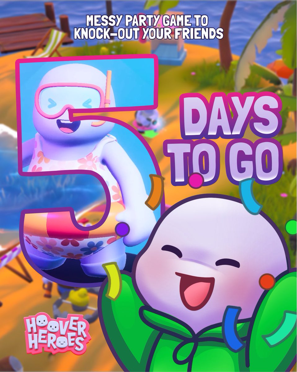 Guyssss… only FIVE days left!!!

We can’t believe it;  just 5 days until Hoover Heroes drops.

We’ve been working so hard to bring this messy, goofy, competitive world to you.
We cannot wait to see you slap each other off the map, betray your besties, and fight for Employee of