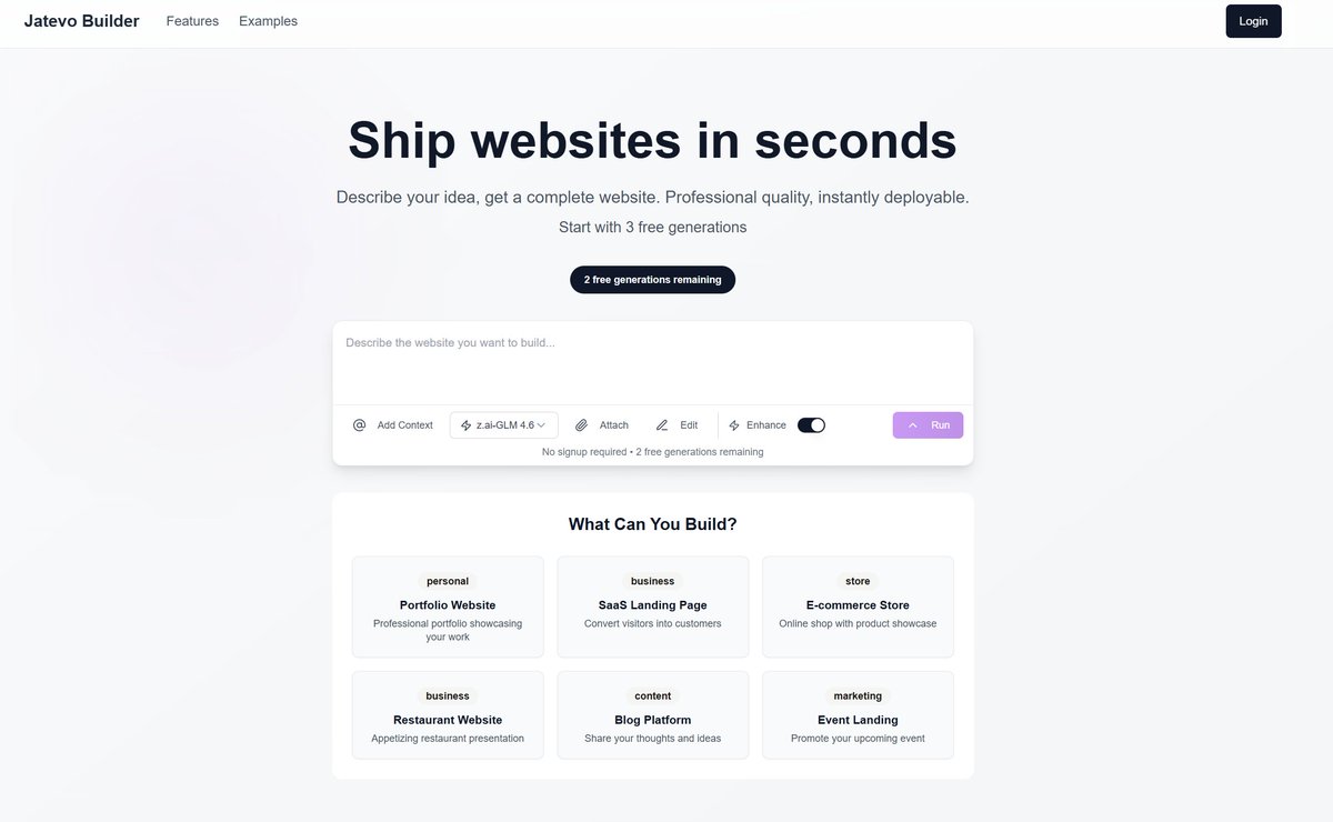 lucaxyzz's tweet image. Okay, try it at site.jatevo.ai.

I need to ship this as soon as possible because there’s a possibility I’ll visit the Meta office next week.

-cant edit the generated website/code, means it is disposable or you can deploy it with jatevo domain
-may have some bugs

GN