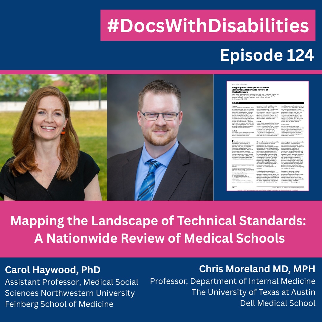 DocsWith's tweet image. 🎧 Episode 124 is live!

Dr. Haywood and Moreland discuss their new  @AcadMedJournal📄Mapping the Landscape of Technical Standards 

Technical standards may be tucked into admissions pages—but they shape who feels welcome in #MedEd.

🌸 bit.ly/DWDI_Episode_1…