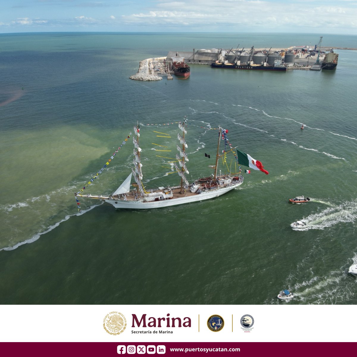PuertosYucatan's tweet photo. ASIPONA Progreso informa que el Buque Escuela Velero ARM Cuauhtémoc BE-01 zarpó tras su visita del 09 al 15 de noviembre. 

Recibió a 20,251 visitantes, fortaleciendo el acercamiento de la comunidad a la labor y tradición naval.

#ASIPONAProgreso #Cuauhtémoc #SEMAR https://t.co/DErYLoMqFG