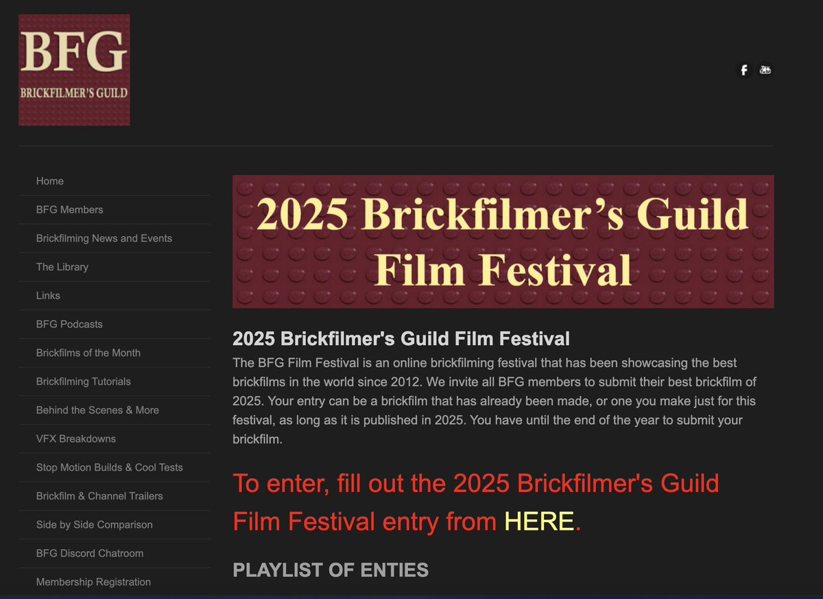 Hey y'all! ✿(◠‿◠)✿
You have until the end of the year to enter the 2025 Brickfilmer’s Guild Film Festival.  brickfilmersguild.com/2025-brickfilm…
Also, all of your nominations for the BFG yearly honors need to be in by the end of the year also.  brickfilmersguild.com/2025-brickfilm…
Good luck to all!