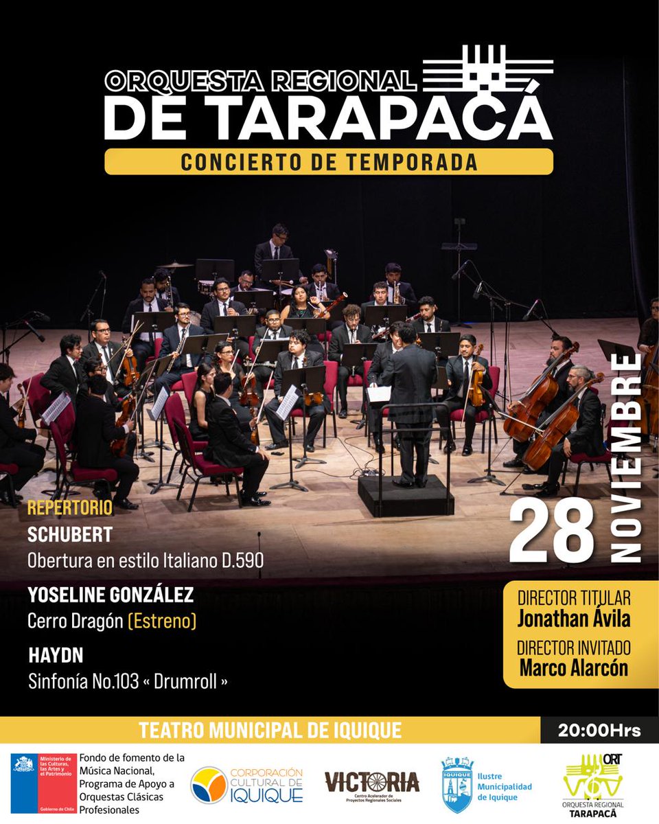 🎶 Concierto de Temporada 🎵
jueves 27 y viernes 28 de noviembre 20.00 h. 🕗
TEATRO MUNICIPAL DE IQUIQUE
Entrada liberada, por orden de llegada.
<a href="/CulturaIquique/">Cultura Iquique</a> <a href="/CulturaTarapaca/">Cultura Tarapaca</a> <a href="/TeckChile/">Teck Chile</a> <a href="/TeatroIquique/">Teatro Municipal de Iquique</a> <a href="/PROESCENICA/">PROESCÉNICA</a> <a href="/Artenorte/">Arte Norte</a> <a href="/elsoldeiquique/">elsoldeiquique</a> <a href="/HombredeNoticia/">Rodrigo Varas López (cuenta profesional)</a> <a href="/rominadelasotta/">romina de la sotta</a>