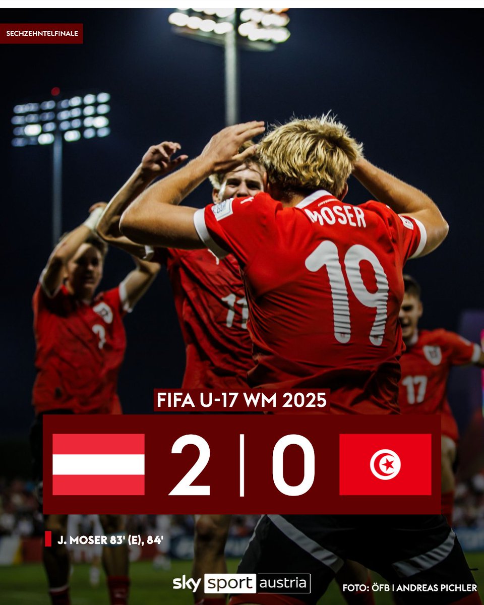 SkySportAustria's tweet image. Dank einem späten Doppelpack von Matchwinner Moser steht Österreich im Achtelfinale der U17-WM! 🇦🇹🔥 

Alle Infos 👉 skysportaustria.at/matchwinner-mo…

#ÖFB #U17 #WM #U17WC #AUTTUN #Österreich #ÖFBTeam