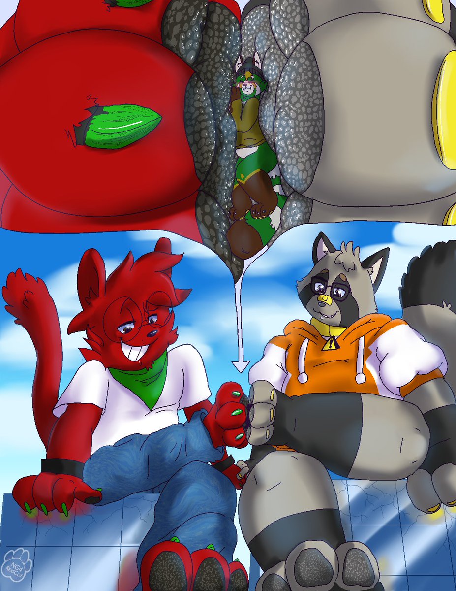 The first two of my K.I.S.S. Comms
for MihijiGreenPan.bsky.social

One is of them him striking a pose, the other is the lil guy between my and <a href="/MitchTanuki/">Mitch Tanuki</a>'s paws.

#macrofurry #Sizetwitter #Macro #Micro #Commission #paws