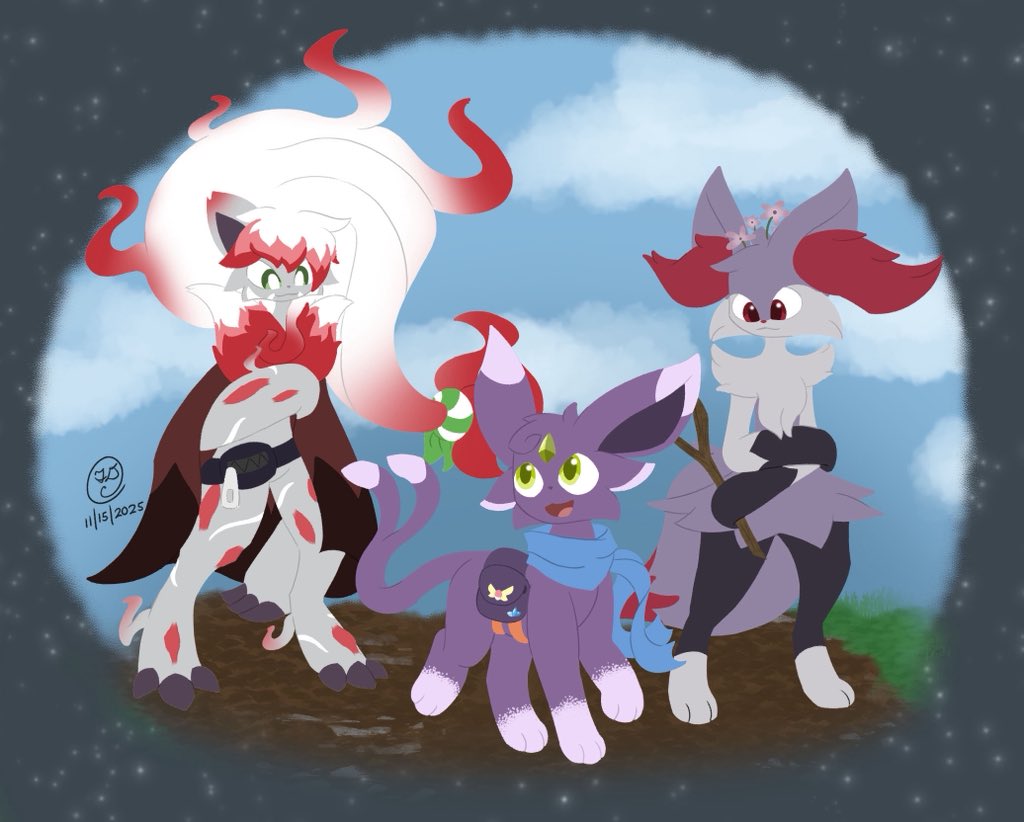 DerpyCloud11731's tweet image. Team SoulSpire! A hypothetical peak into the future :&amp;gt;

Gift for a few friends of mine! 

#pokemon #oc #ocart #fanart #giftart #hisuian #zoroark #espeon #braixen