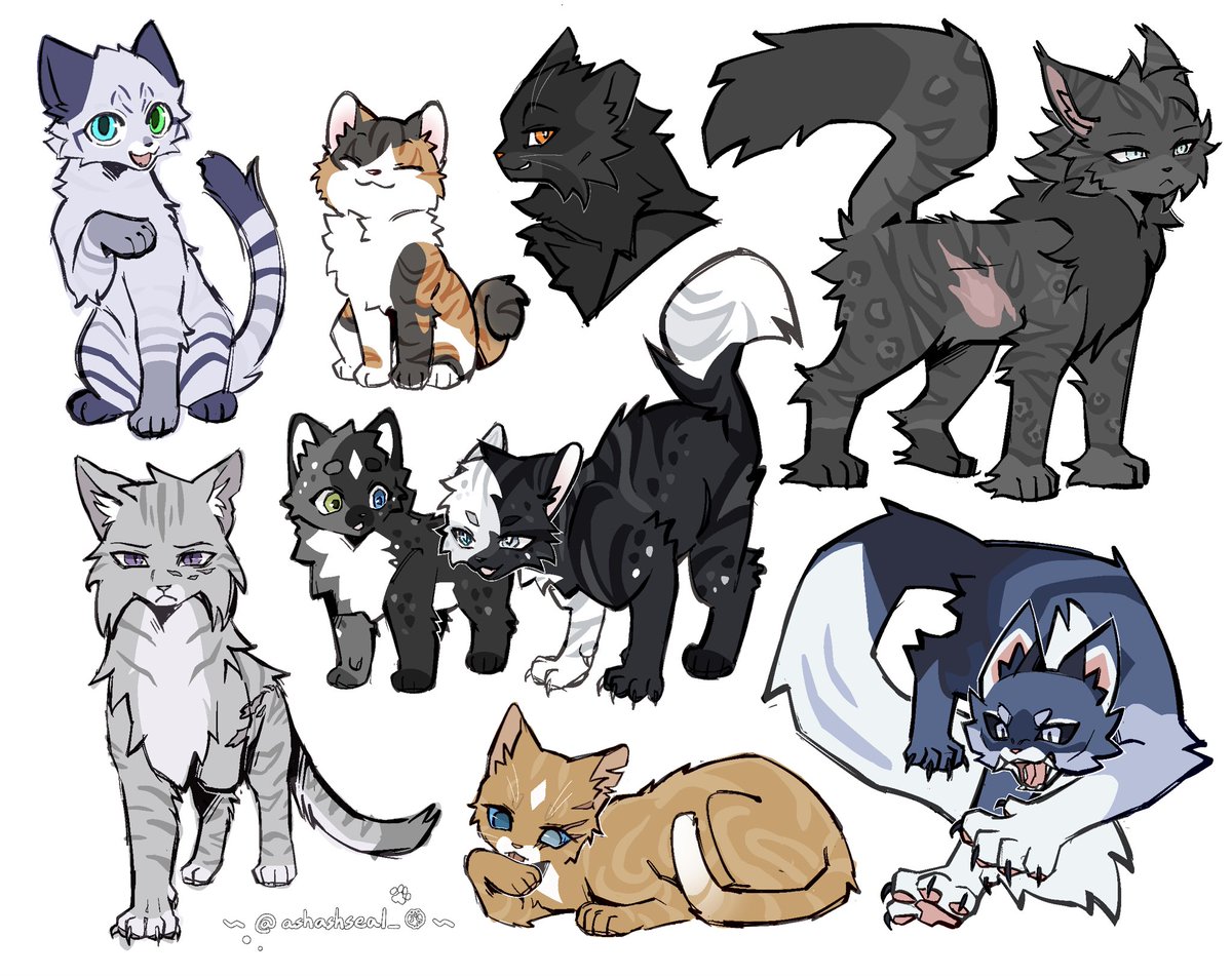 畫了朋友們ㄉ貓戰士oc們🐱
大家都好有特色（特別抨擊中間最難畫的傢伙👊）
#warriorcats #ocart #Cat #doodles