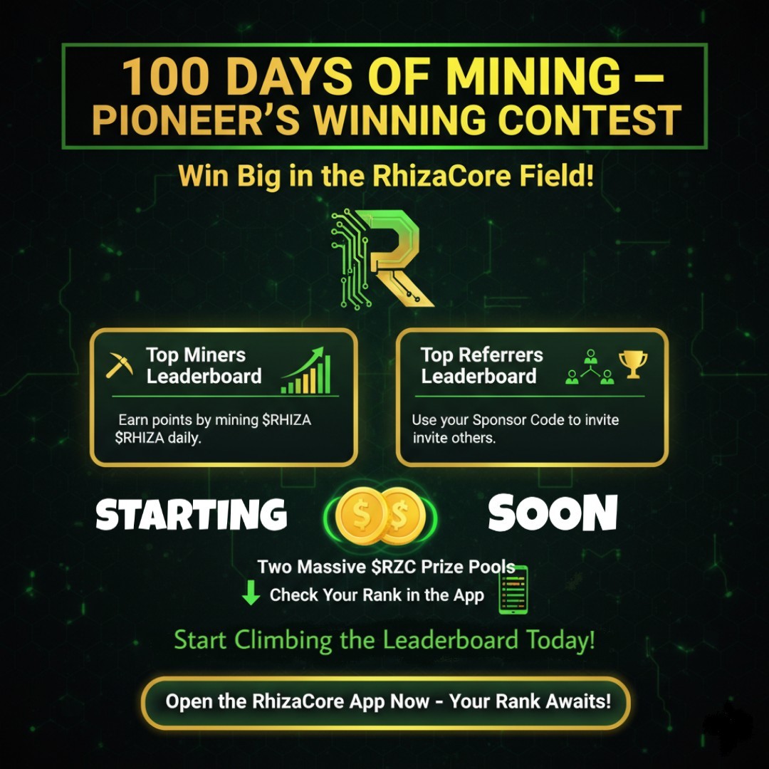 RhizaCore's tweet photo. π¨ PIONEERS, GET READY! π
The 100 Days of Mining β Pioneerβs Winning Contest is almost here!
Mine daily, invite friends, climb the leaderboard, and win BIG from two massive $RZC prize pools! π°π₯
Check your rank in the app and start preparing.
#RhizaCore #RZC #MiningContest https://t.co/aklY3ObuRl