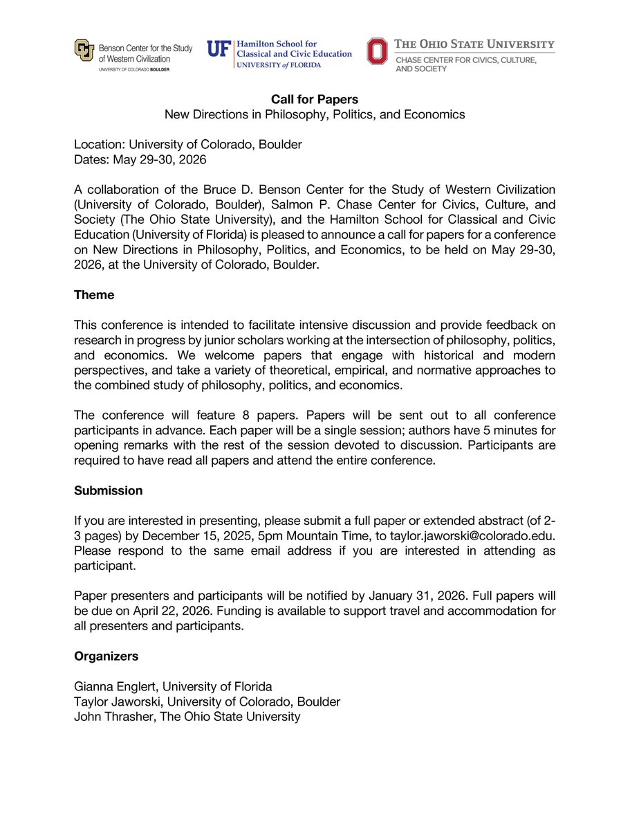 CFP for junior scholars of PPE: please submit abstracts for our inaugural "New Directions in PPE" conference in Boulder, CO this May. This event is co-sponsored by <a href="/ufhamilton/">Hamilton School for Classical and Civic Ed</a>, <a href="/osuchasecenter/">The Chase Center</a>, <a href="/BensonCenter/">Benson Center</a>. A great opportunity to receive focused feedback &amp; have some fun in CO.