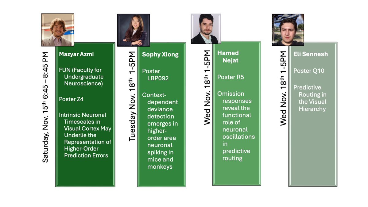 BastosLabNeuro's tweet image. Excited to share our work at #SfN25. Check out our posters, first authors and info/schedule below. See you all in San Diego!