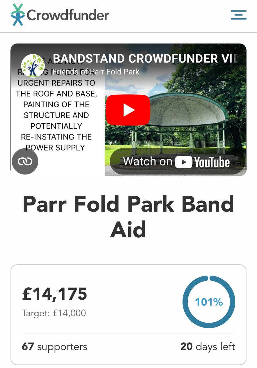 Surpassed our crowdfunder target of £14,000 for the bandstand with 20 days still left!🥳
The crowdfunder will end on the 6th December. Donations are still welcome and will still go towards the bandstand.🙂

#ParrFoldPark #Walkden #M28 #Salford #Crowdfunder #Bandstand #Manchester