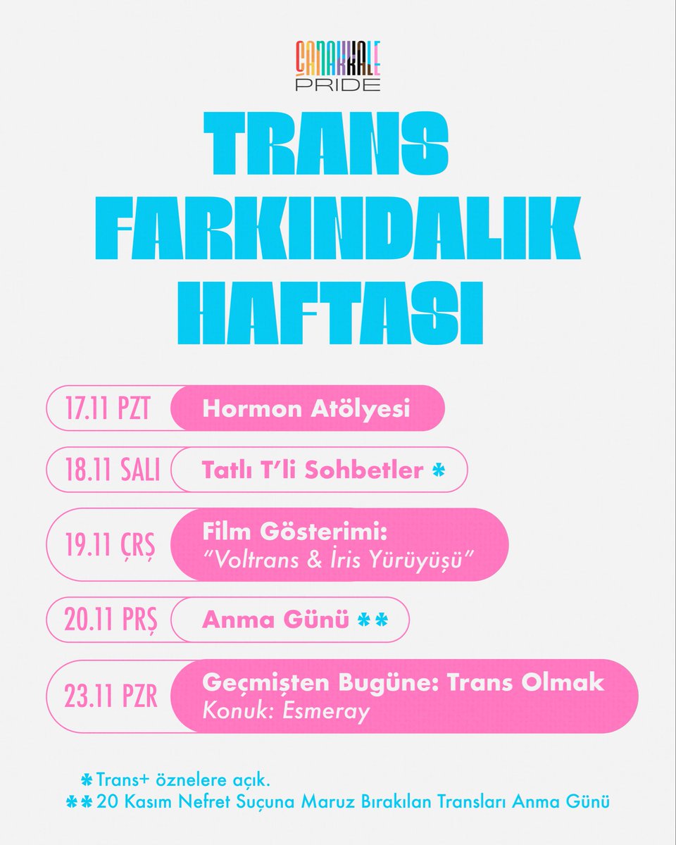 Trans Farkındalık Ayımız ve haftamız kutlu ve u/mutlu olsun! 20 Kasım Nefret Suçuna Maruz Bırakılan Transları Anma Günü’ne doğru giderken, iktidarın transfobik politikalarına karşı güçleniyoruz aşkım. Sen de gel, güçlenelim, kaybettiklerimizi analım. 🏳️‍⚧️