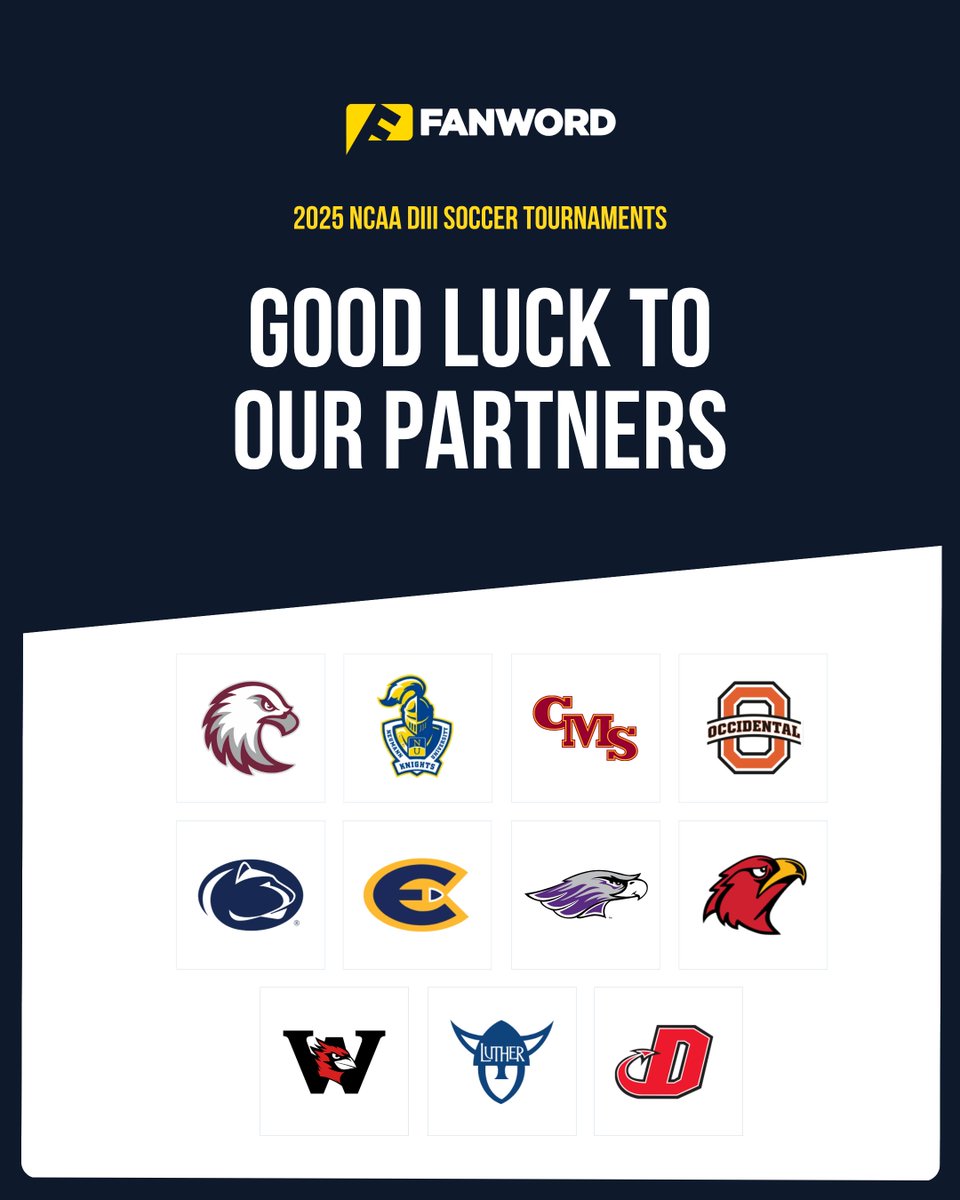 Good luck to our partners in the <a href="/NCAADIII/">NCAA Division III</a> soccer tournaments! ⚽️

<a href="/AugsburgAuggies/">Augsburg Athletics</a> <a href="/NeumannKnights/">Neumann Athletics</a> <a href="/AthleticsCMS/">CMS Athletics</a> <a href="/OxyAthletics/">Occidental Athletics</a> <a href="/PSHbgAthletics/">Penn State Harrisburg Athletics</a> <a href="/UWECblugolds/">UWEC Athletics</a> <a href="/UWWAthletics/">Warhawk Athletics</a> <a href="/ILTechAthletics/">Illinois Tech Athletics</a> <a href="/wes_athletics/">Wesleyan Athletics</a> <a href="/norsesports/">Luther College Norse</a> <a href="/DsonRedDevils/">Dickinson Red Devils</a>