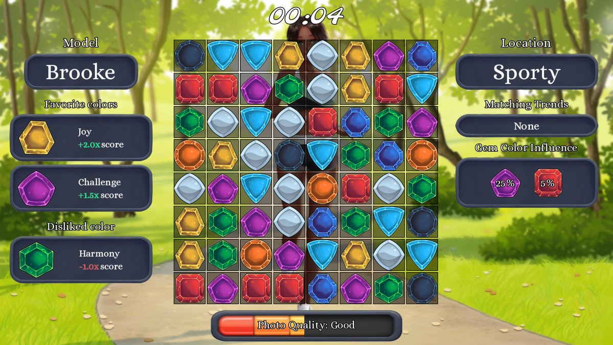 Preview of the match-3 gameplay in my next game: this is how photoshoots will work. Each model has favorite and disliked colors, and each location influences the chances of getting specific gem colors <a href="/AndrealphusGam1/">Andrealphus Games 🔞</a> #screenshotsaturday #indiedev #gamedev