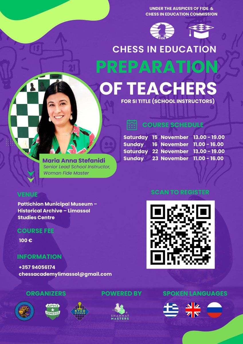 FIDEschoolChess's tweet image. 👩‍🏫♟️ Want to boost your teaching skills?
Join the FIDE School Instructor course in Limassol!
📅 Nov 15, 16, 22 &amp;amp; 23
📍 Pattichion Municipal Museum
🌐 Greek | English | Russian
Limited in-person seats — register now 👇
🔗 docs.google.com...