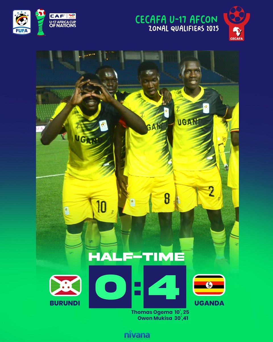 OfficialFUFA's tweet image. Half-Time! 

Burundi U-17 0️⃣-4️⃣ Uganda U-17
🏆 CECAFA U-17 AFCON Zonal Qualifiers 2025

#BDIUGA | #CECAFAU17