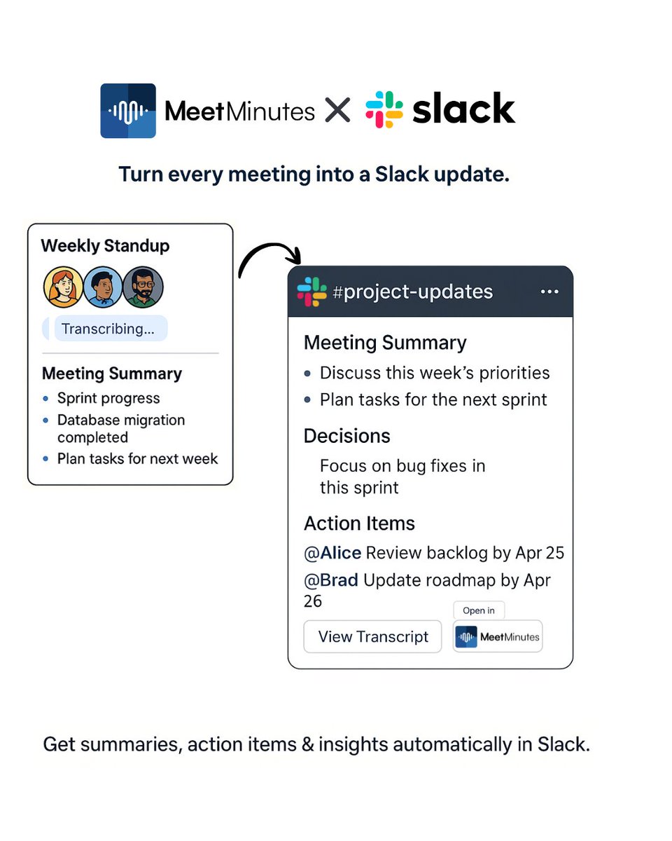 MeetMinutes's tweet image. Meetings happen everywhere.
Now the outcomes do too.
With MeetMinutes for Slack, your team gets summaries, tasks, and insights instantly — right inside your channels.

No missed details. No follow-up fatigue.

#MeetMinutes #Slack #AIForWork #SmartMeetings #WorkSimplified #meeting